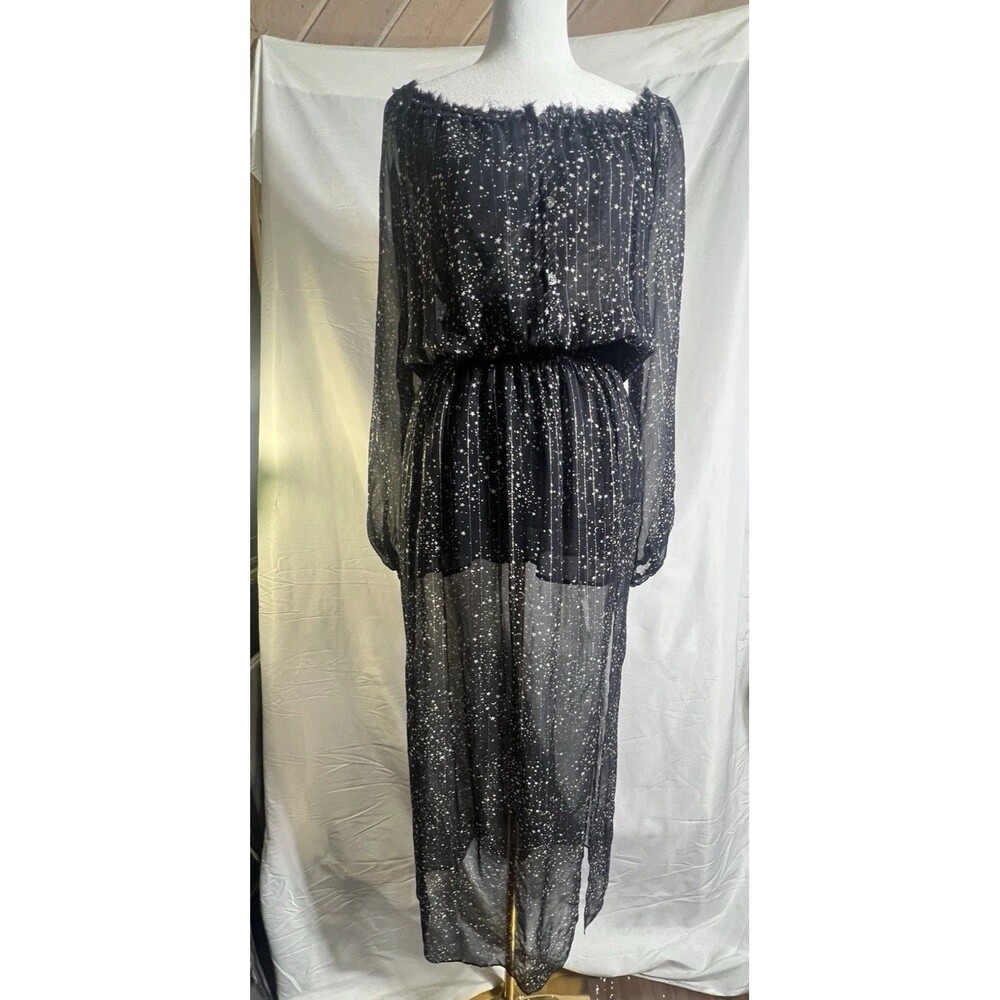 LOVE SHACK FANCY Dress Women Sz 1 Black Stars Moon Silver Stripes Sheer Silk